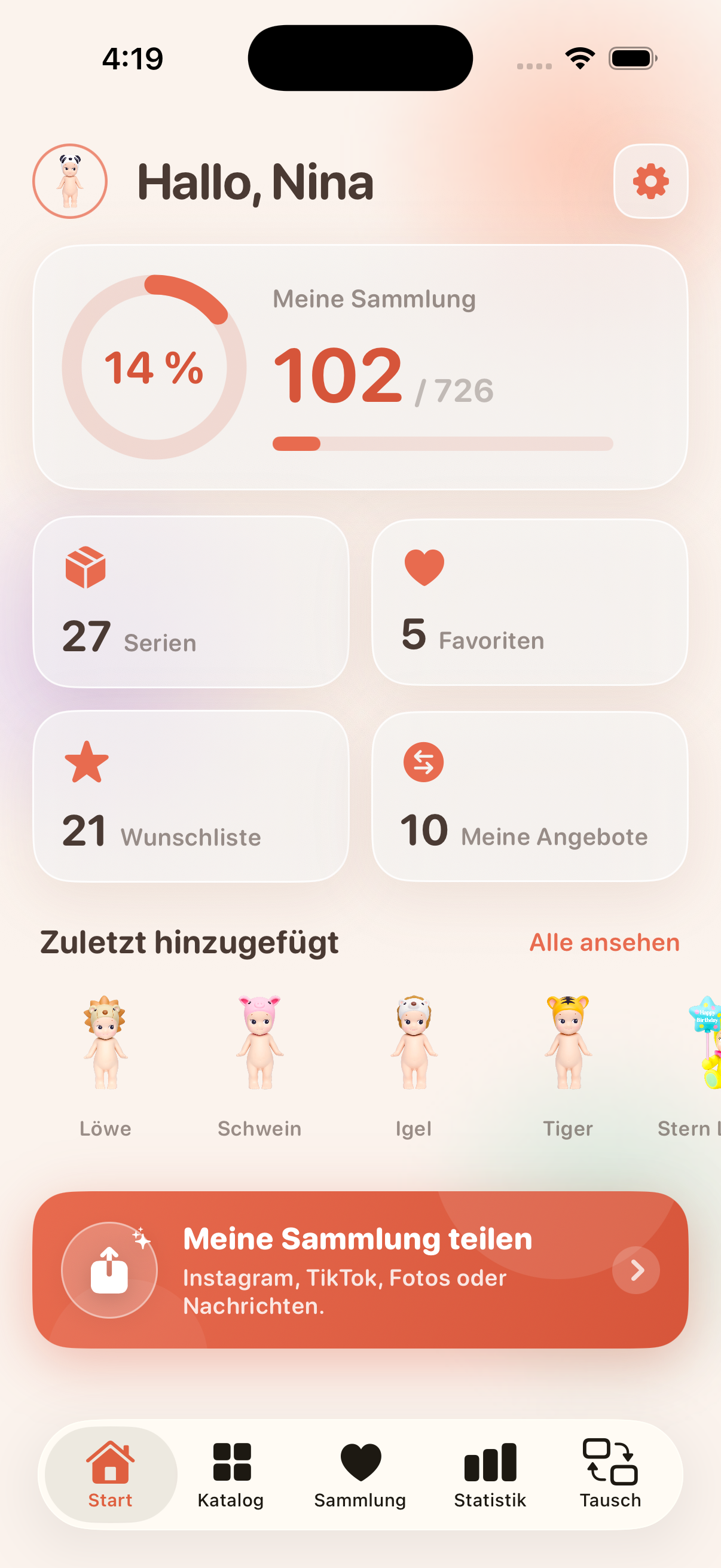 Angely app — Sonny Angel collection dashboard on iPhone