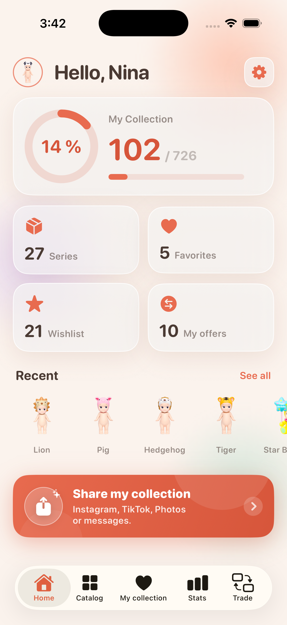 Angely app — Sonny Angel collection dashboard on iPhone