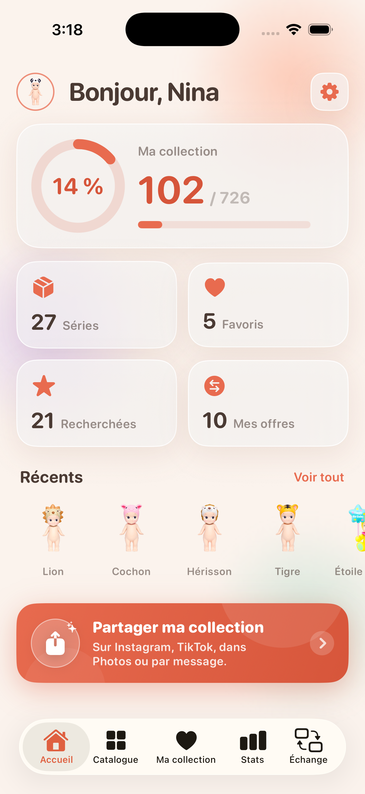 Angely app — Sonny Angel collection dashboard on iPhone