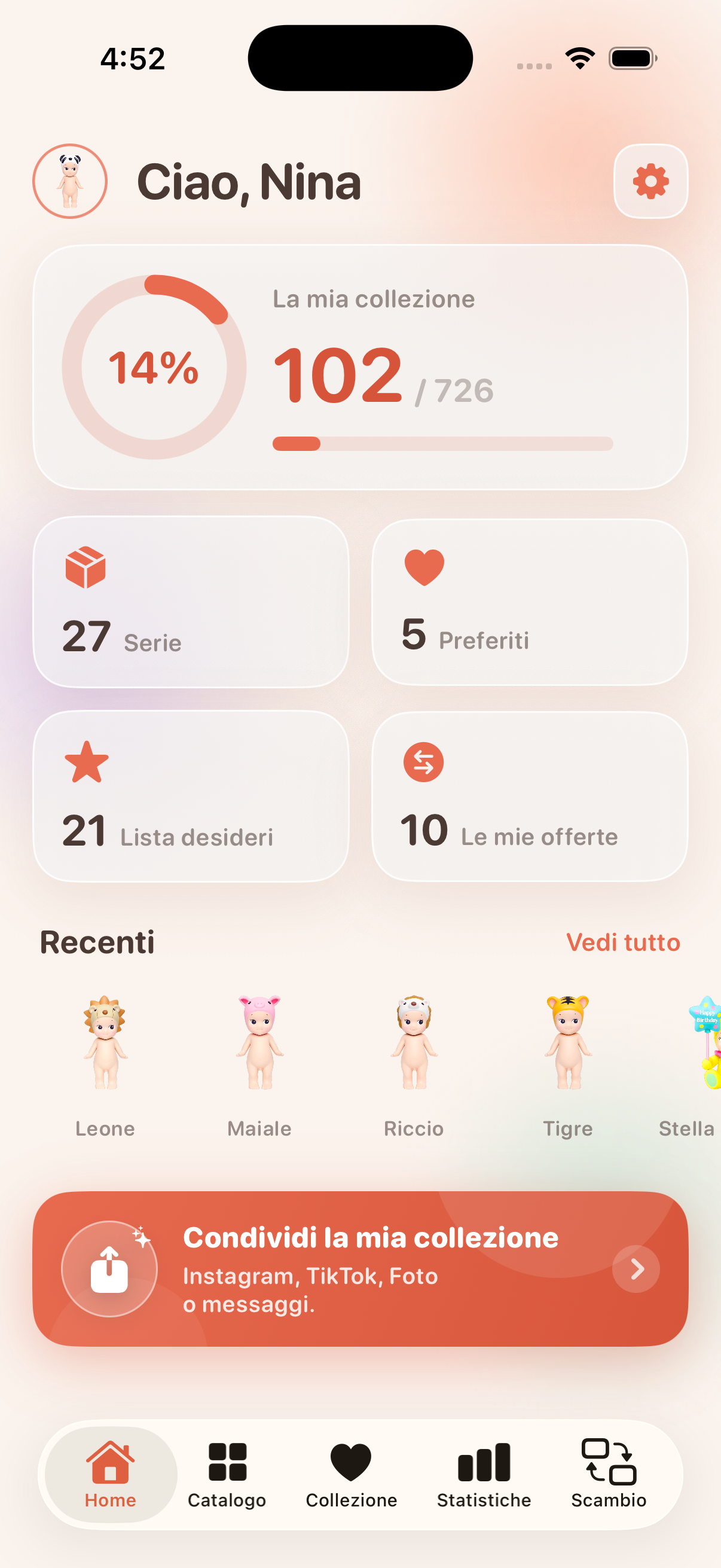 Angely app — Sonny Angel collection dashboard on iPhone